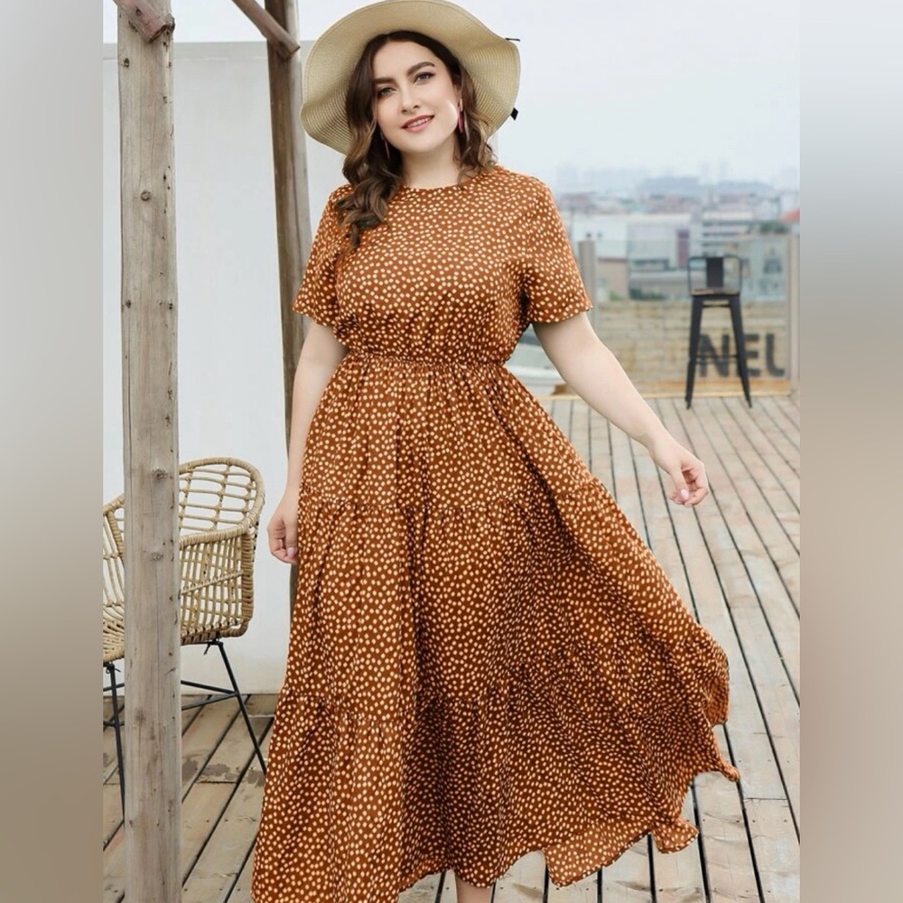 Burnt Orange 2X Floral Ruffle Maxi Dress